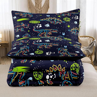 NINENINE Dinosaur Bedding Sets for Boys Kids,Dark Blue Retro Dinosaur Comforter Set,Queen Size Comforter Sets for Kids,with 1 Comforter 2 Pillowcases…