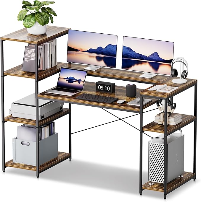 63-Inch Industrial Home Office Desk with Bookshelf, Gaming Computer Desk with Monitor Stand and Printer Shelf for Study, Writing, PC Work