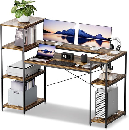 63-Inch Industrial Home Office Desk with Bookshelf, Gaming Computer Desk with Monitor Stand and Printer Shelf for Study, Writing, PC Work