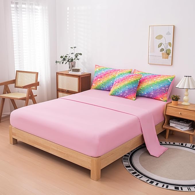 Girls Comforter Sets Queen, Girls Queen Rainbow Bedding, 6 Pcs Bed in a Bag Queen, Kids Princess Comforter Set for Girls(1Comforter, 1Flat Sheet, 1Fitted Sheet, 1 Pillow Cover, 2Pillowcases)