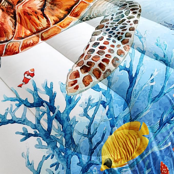 CVHOUSE Sea Turtle Comforter Set,Ocean Watercolor Sea Turtle Bedding Set for Kids Teens,Ocean Sea Turtle Comforter Sea Turtle Duvet Set Room Decor Quilt Set Twin Size
