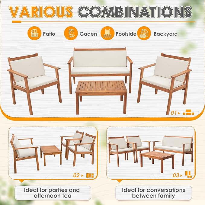 Greesum 4 Piece Bistro Patio Furniture Outdoor Chat Chair Set with Water Resistant Cushions and Coffee Table for Beach Backyard Garden, Acacia Wood
