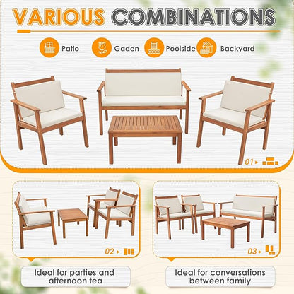 Greesum 4 Piece Bistro Patio Furniture Outdoor Chat Chair Set with Water Resistant Cushions and Coffee Table for Beach Backyard Garden, Acacia Wood