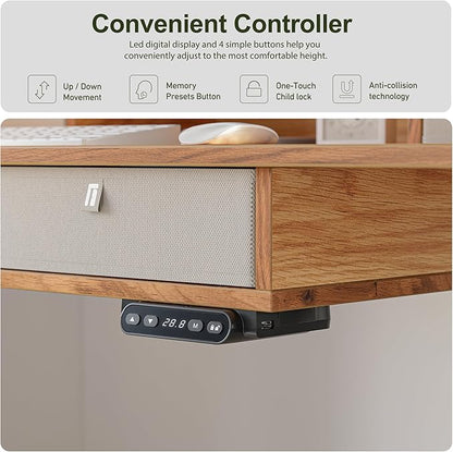 BANTI Height Adjustable Electric Standing Desk with 4 Drawers, 63 x 24 Inch Table with Storage Shelf, Sit Stand Desk, Light Rustic Brown Top