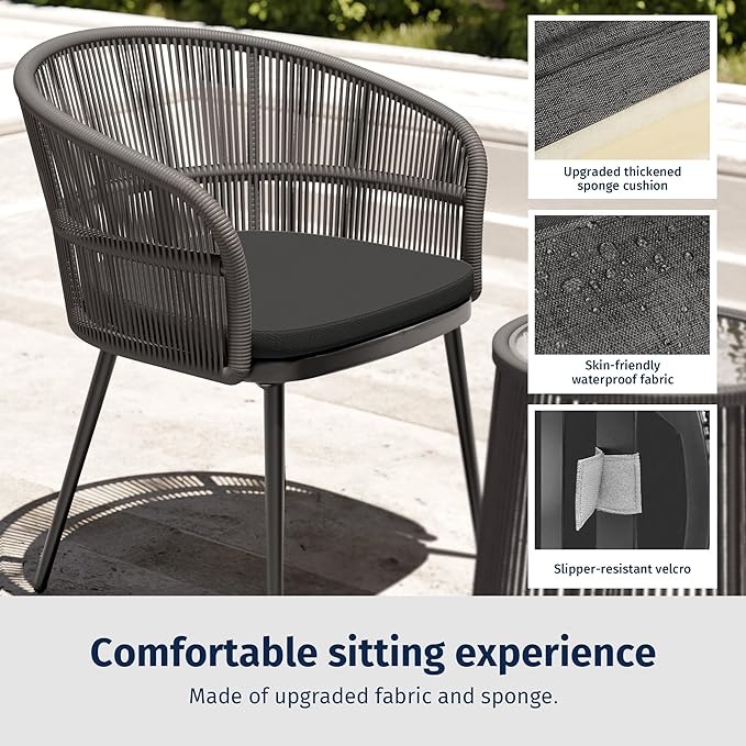 EAST OAK 3-Piece Patio Bistro Set, Patio Conversation Bistro Set with 2 Wide Ergonomic Chairs, Cushions & Glass Top Side Table, Outdoor All-Weather Wicker Furniture for Porch, Gray & Dark Gray