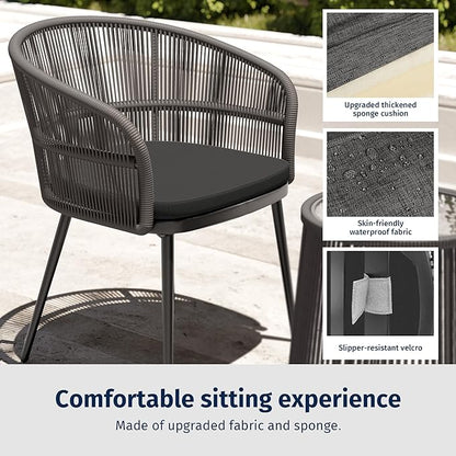 EAST OAK 3-Piece Patio Bistro Set, Patio Conversation Bistro Set with 2 Wide Ergonomic Chairs, Cushions & Glass Top Side Table, Outdoor All-Weather Wicker Furniture for Porch, Gray & Dark Gray