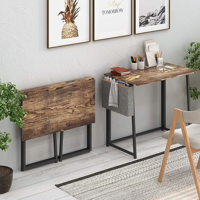 4NM 31.5" Small Desk with Storage Bag, Simple Assembly Folding Computer Desk Home Office Desk Study Writing Table for Small Space Offices - Rustic Brown and Black