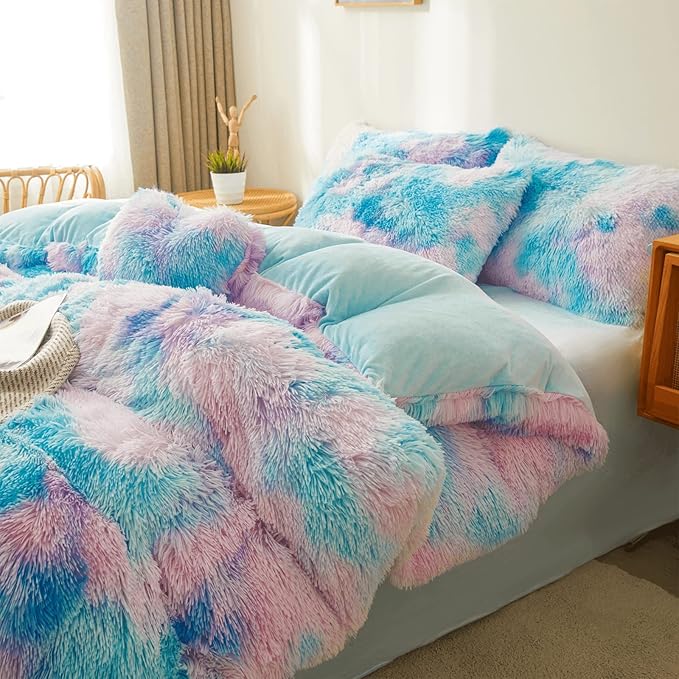 Tie dye Blue Plush Fluffy Comforter Cover Set Queen - Ultra Soft Faux Fur tie dye Bedding Sets 3 Pieces (1 Shaggy Duvet Cover + 2 Pillow case) Fluffy Bed Set (Tie Dye Blue, Queen)