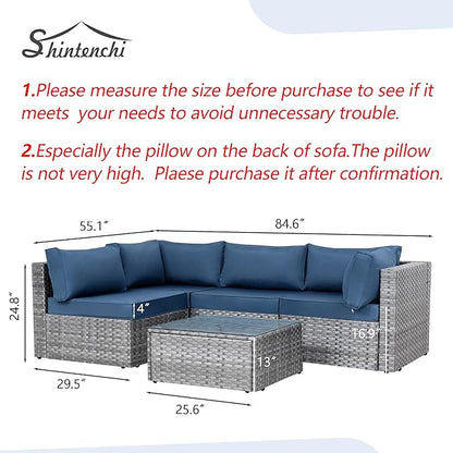 Shintenchi 5 Pieces Outdoor Patio Sectional Sofa Couch, Silver Gray PE Wicker Furniture Conversation Sets with Washable Cushions & Glass Coffee Table for Garden, Poolside, Backyard (Aegean Blue)