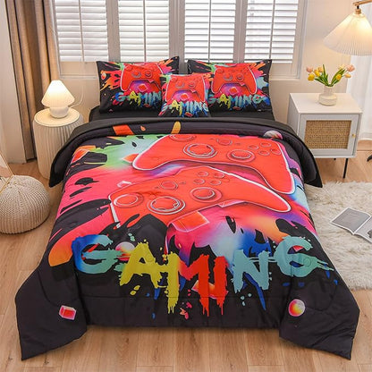 Aimuan Gamer Gaming Bedding Sets 3D Gamepad Comforter Sets for Boys Games Console Action Buttons Novelty Colorful Game Controller Modern Room Decor Home Quilt Set (Black, Twin 6PCS)