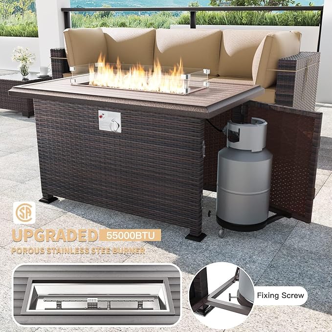 Kullavik 13PCS Outdoor Patio Furniture Set with 43" 55000BTU Gas Propane Fire Pit Table PE Wicker Rattan Sectional Sofa Patio Conversation Sets,Khaki