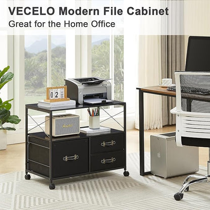 VECELO Fabric Lateral Filing Cabinet Rolling Printer Fits Letter Size, 3 Drawers Mobile Stand with Open Storage Shelf,for Home Office,Vintage Black