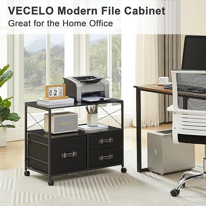 VECELO 3 Mobile File Cabinet Rolling Printer Stand with Open Shelf, Fabric Lateral Storage Station for Home Office,Drawer Adapts Letter Size Hanging Folders, Black
