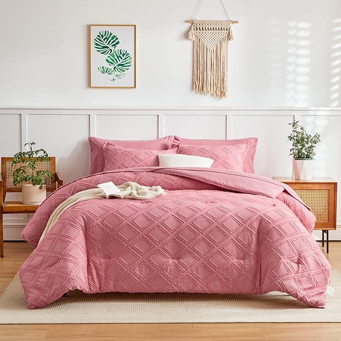 7 Pieces Tufted Bed in a Bag Queen Comforter Set with Sheets Pink, Soft and Embroidery Shabby Chic Boho Bohemian, Luxury Solid Color with Diamond Pattern, Jacquard Tufts Bedding Set for All Season