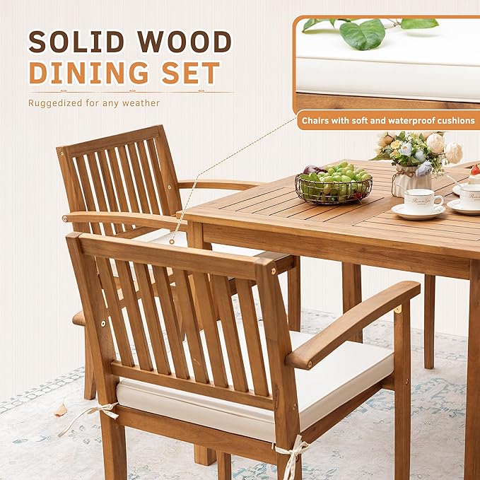 Greesum 5 Piece Patio Dining Set Outdoor Solid Wood Furniture for Yard, Garden, Porch w/Square Tabletop & 4 Chairs, White