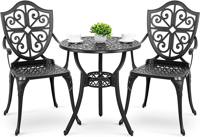 Nuu Garden Bistro Set 3 Piece Outdoor, Cast Aluminum Patio Bistro Sets with Umbrella Hole, Bistro Table and Chairs Set of 2 for Patio Backyard