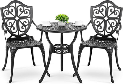 Nuu Garden Bistro Set 3 Piece Outdoor, Cast Aluminum Patio Bistro Sets with Umbrella Hole, Bistro Table and Chairs Set of 2 for Patio Backyard