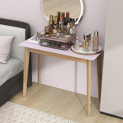 TaoHFE Pink Vanity Desk with Solid Rubber Wood Legs Glossy Pink 39 Inch Vanity Table Computer Desk for Home Small Spaces Girl Makeup Desk Modern Vanity Desk No Mirror Dressing Table for Bedroom