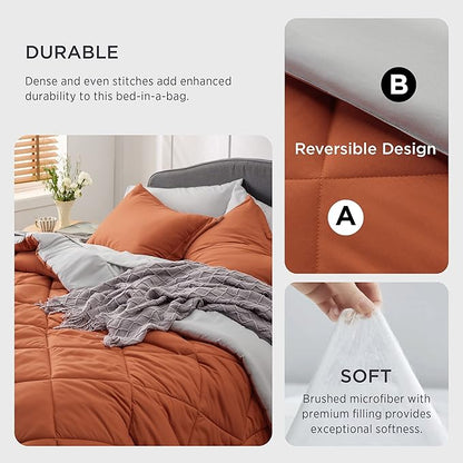 Bedsure Burnt Orange Twin Comforter Set - 5 Pieces Reversible Twin Bed in a Bag, Extra Long Twin Bed Set with Comforters, Sheets, Pillowcase & Sham, Twin Bedding Sets for College