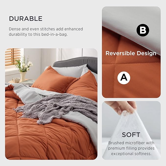 Bedsure Burnt Orange King Size Comforter Set - 7 Pieces Reversible King Bed in a Bag King Bed Set with Comforters, Sheets, Pillowcases & Shams, King Bedding Sets