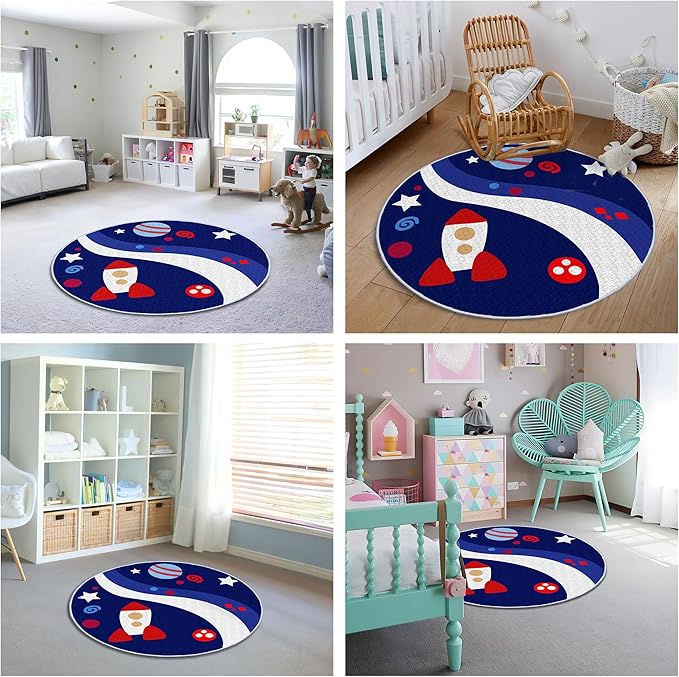Eanpet Round Rug for Kids Room 4ft Nonslip Circle Area Rug for Boys and Girls Soft Toddlers Play Mat Circular Nursery Rug Indoor Floor Mats Carpet for Children Classroom Playroom Bedroom,Universe