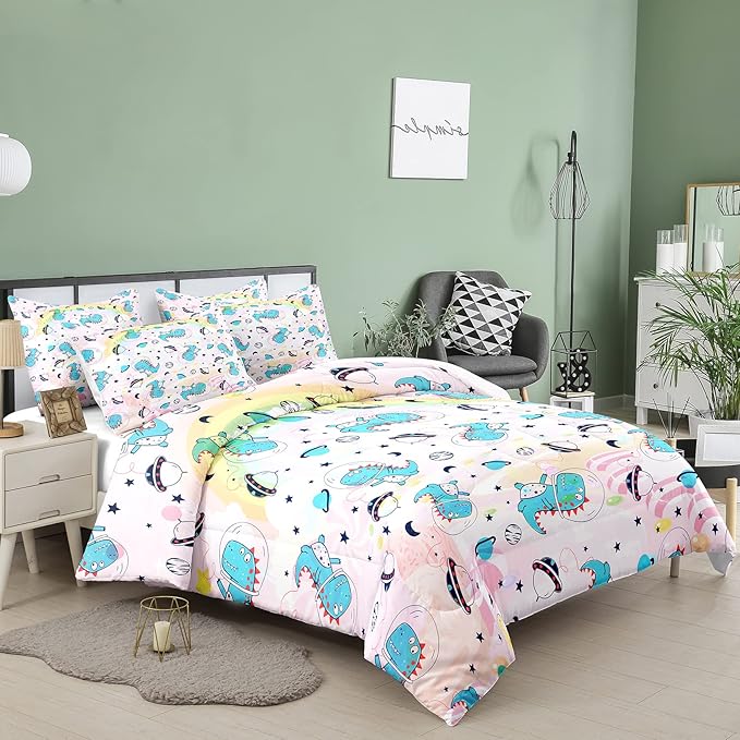 NINENINE Pink Dinosaur Bedding Set Colorful Rainbow Castle UFO Space Theme Comforter Set,Full Size Kids Bedding Sets for Boys Girls, Little Dinosaur Comforter Set with 1 Comforter 2 Pillowcases