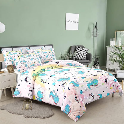 NINENINE Pink Dinosaur Bedding Set Colorful Rainbow Castle UFO Space Theme Comforter Set,Full Size Kids Bedding Sets for Boys Girls, Little Dinosaur Comforter Set with 1 Comforter 2 Pillowcases