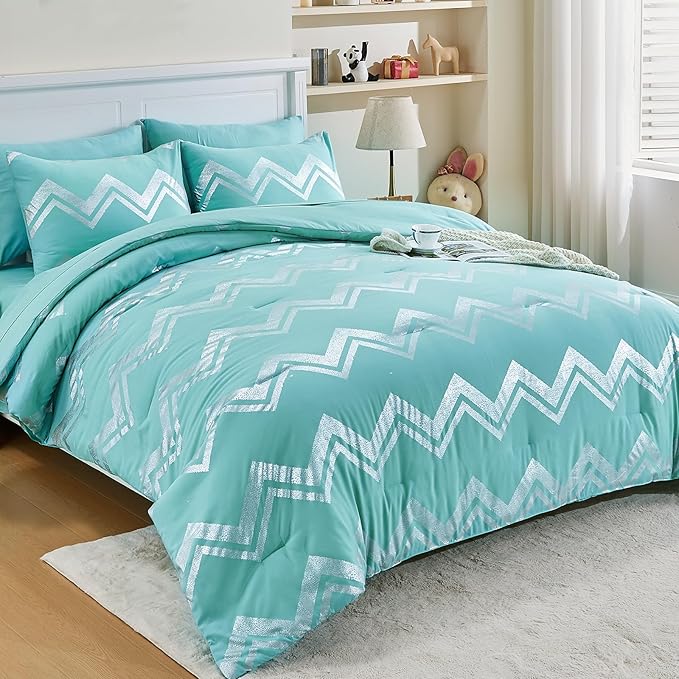 Wowelife 7 Pieces Comforter Set King Size Teal Silver Bedding Set Glitter Kids Bedding Set Blue Bed in a Bag Girls with Comforter, Flat Sheet, Fitted Sheet, 2 Pillow Shams and 2 Pillowcases