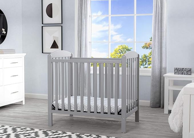 Delta Children Emery Mini Convertible Baby Crib & Twinkle Stars 3-Inch Waterproof Mini Crib Mattress, Grey