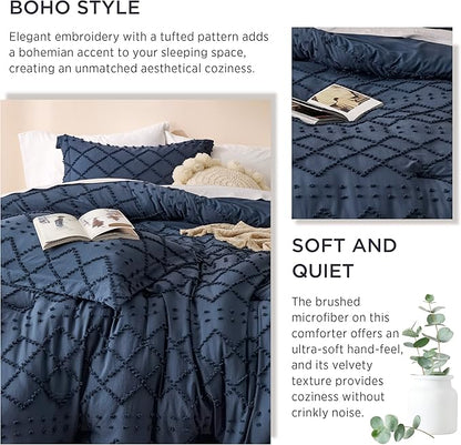 Bedsure Full Size Comforter Set - Navy Blue Comforter, Boho Tufted Shabby Chic Bedding Comforter Set, 3 Pieces Vintage Farmhouse Bed Set for All Seasons, Fluffy Bedding Set with 2 Pillow Shams