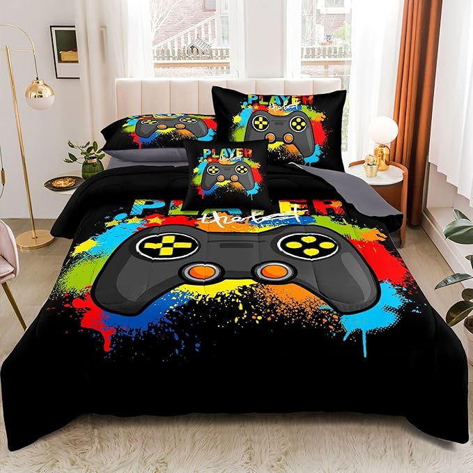 Kids Gaming Bedding Sets, 5 Piece Gamer Comforter Sets for Teens Boys Twin Size for Bedroom Comforter Set Adult 3D Gamepad Microfiber Bedding Sets Fits All Season Bedding Comforter Sets