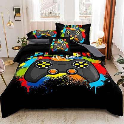 Kids Gaming Bedding Sets, 6 Piece Gamer Comforter Sets for Teens Boys Queen Size for Bedroom Comforter Set Adult 3D Gamepad Microfiber Bedding Sets Fits All Season Queen Comforter Set