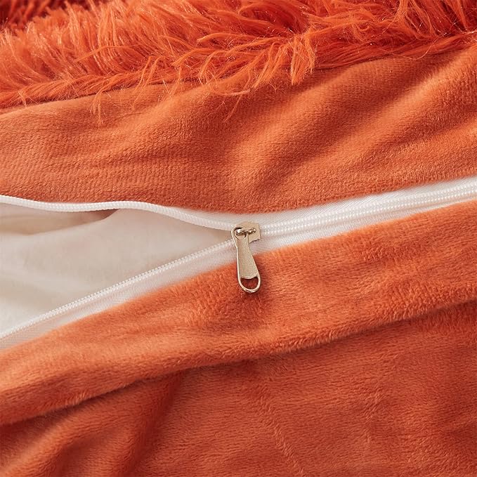Fluffy Orange Comforter Cover Set Queen - Ultra Soft Plush Burnt Orange Bedding Sets 3 Pieces (1 Faux Fur Duvet Cover + 2 Faux Fur Pillow case) Boho Orange Queen Bed Sets (Dark Orange, Queen)