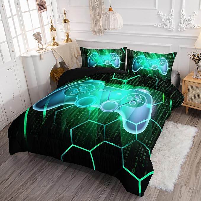 Axolotl Gamepad Comforter Set Queen Size,Number Video Gaming Gamer Bedding Set,Boys Game Console Comforter Set,Geometry Hexagonal Bedding Set for Teens Men Adults,1 Quilt 2 Pillowcases,Green Black