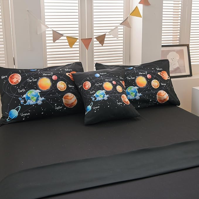 6 Pcs Outer Space Bedding Set Twin Solar System Comforter Set Universe Planets Theme Comforter for Boys Kids Ultra-Soft (1 Comforter, 2 Pillowcases, 1 Flat Sheet, 1 Fitted Sheet,1 Pillowcover)