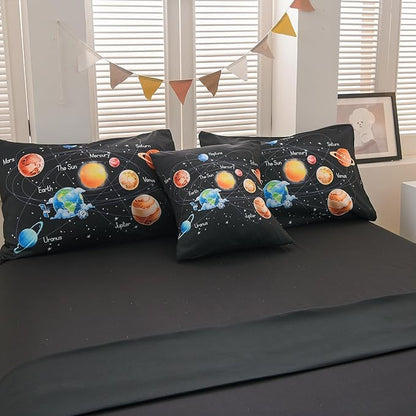 6 Pcs Outer Space Bedding Set Twin Solar System Comforter Set Universe Planets Theme Comforter for Boys Kids Ultra-Soft (1 Comforter, 2 Pillowcases, 1 Flat Sheet, 1 Fitted Sheet,1 Pillowcover)