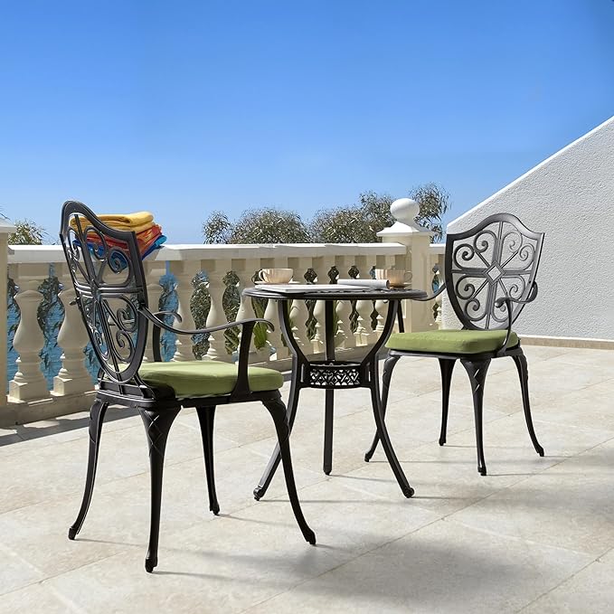 NUU GARDEN Bistro Set 3 Piece Outdoor, Cast Aluminum Patio Bistro Sets with Umbrella Hole and Green Cushions, Bistro Table and Chairs Set of 2 for Patio Backyard, Black