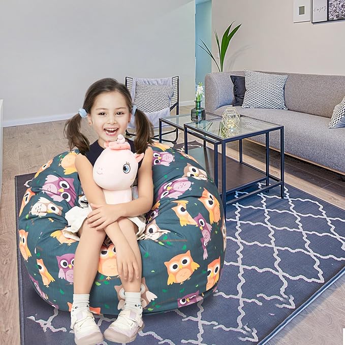 Stuffed Animal Storage Bean Bag Chair Cover, Hold Kids Plush Toys Blankets Towels Beanbag (Cover Only), Canvas Floor Circle Stuff Sit Seat Sofa with YKK Zipper, Large 32", Owl