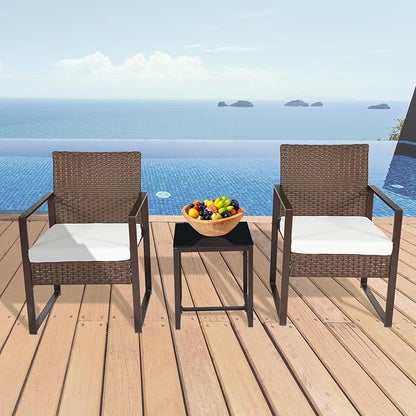 3 Pieces Patio Furniture Set Outdoor Wicker Bistro set Rattan Chair Conversation Sets with Coffee Table for Porch, Balcony,Garden,Backyard and Removable Cushions Beige