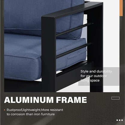 Solaste Outdoor Aluminum Furniture Set - 4 Pieces Patio Sectional Chat Sofa Conversation Set with Table,Black Frame and Blue Cushion
