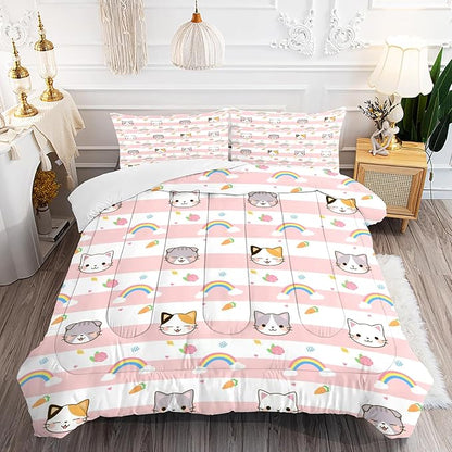 Cat Comforter Set Queen Size Pink Plaid Rainbow Bedding for Teen Girls Women Cloud Cute Boho Bedroom Dorm Quilt 1 Comforter + 2 Pillow Cases