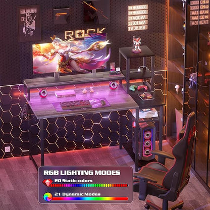 armocity 2024 Upgrade Gaming Desk with LED Lights, Small Computer Desk with Long Monitor Stand, 40'' Reversible Laptop Table with Storage Shelves, Small Desk for Small Spaces, Gaming Room, Grey