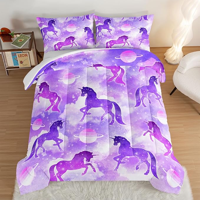 HOSIMA Purple Unicorn Bedding Sets for Girls Kids,3 Piece Soft Microfiber Galaxy Comforter Princess Crib Bedding Set Unicorn Bedroom Decor for Girls Room,Planet Cloud Queen Comforter Set.