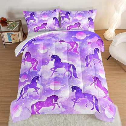 HOSIMA Purple Unicorn Bedding Sets for Girls Kids,3 Piece Soft Microfiber Galaxy Comforter Princess Crib Bedding Set Unicorn Bedroom Decor for Girls Room,Planet Cloud Full Size Bed in a Bag.