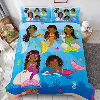 Little Mermaid Bedding, Black Girl Comforter Set Twin Size, Black Mermaid Bedroom Decor for Girls, Princess Twin Bed Set for Kids Teens with 1 Comforter and 2 Pillow Cases