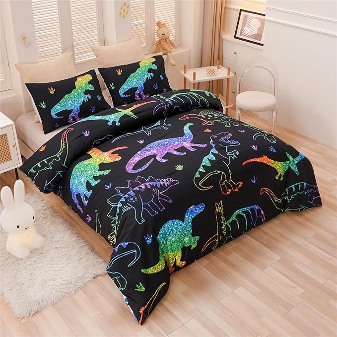 Meeting Story Dinosaur Comforter Set, Fluorescence Gradation Dinosaur Twin Comforter Set, 3 PCS 1 Comforter and 2 Pillowcases in One Bag, All Season Bedspread for Kids Teens Adults（Twin）