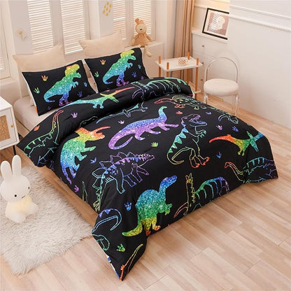 Meeting Story Dinosaur Comforter Set, Fluorescence Gradation Dinosaur Twin Comforter Set, 3 PCS 1 Comforter and 2 Pillowcases in One Bag, All Season Bedspread for Kids Teens Adults（Twin）