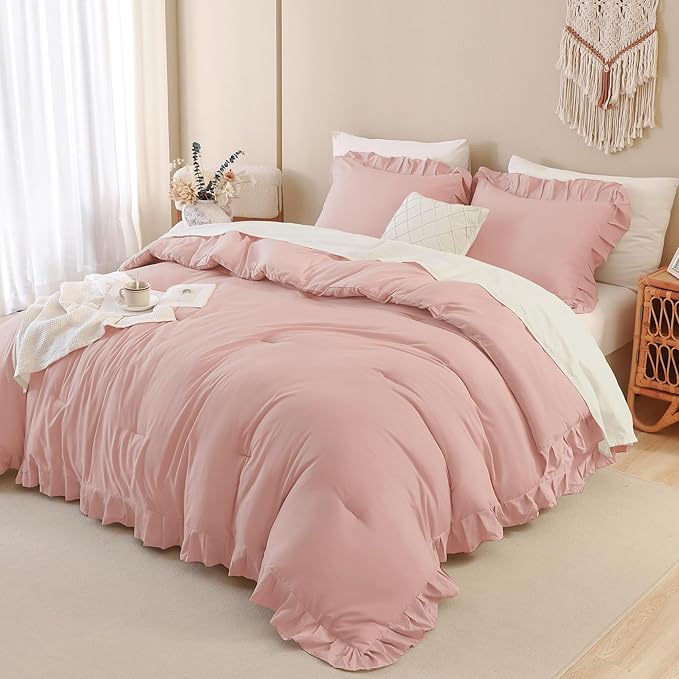 Andency Blush Ruffle Comforter Set, 2 Pieces Kids Comforter Set Twin(66x90Inch), Farmhouse Shabby Chic Comforter Set, Soft Microfiber Kids Bedding Set