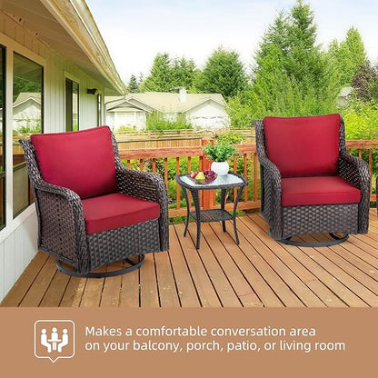 IDEALHOUSE 3 Pieces Outdoor Wicker Swivel Rocker Patio Set, 360-Degree Swivel Rocking Chair Elegant Wicker Patio Bistro Set with Tempered Glass Top Side Table (Rust Color)