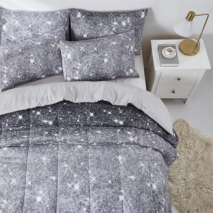 Grey Glitter Comforter Set Full/Queen Size for Boys Teen, Sparkle Galaxy Twinkle Starlight Comforter for Kids Adult, 3 Piece Black Grey Ombre Bedding Set with 2 Pillow Cases(Grey,Queen)